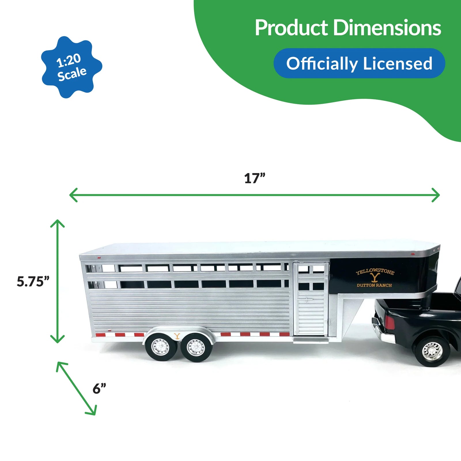 Big Country Toys Dutton Ranch Trailer. Model trailer with dimensions and scale information on a white background
