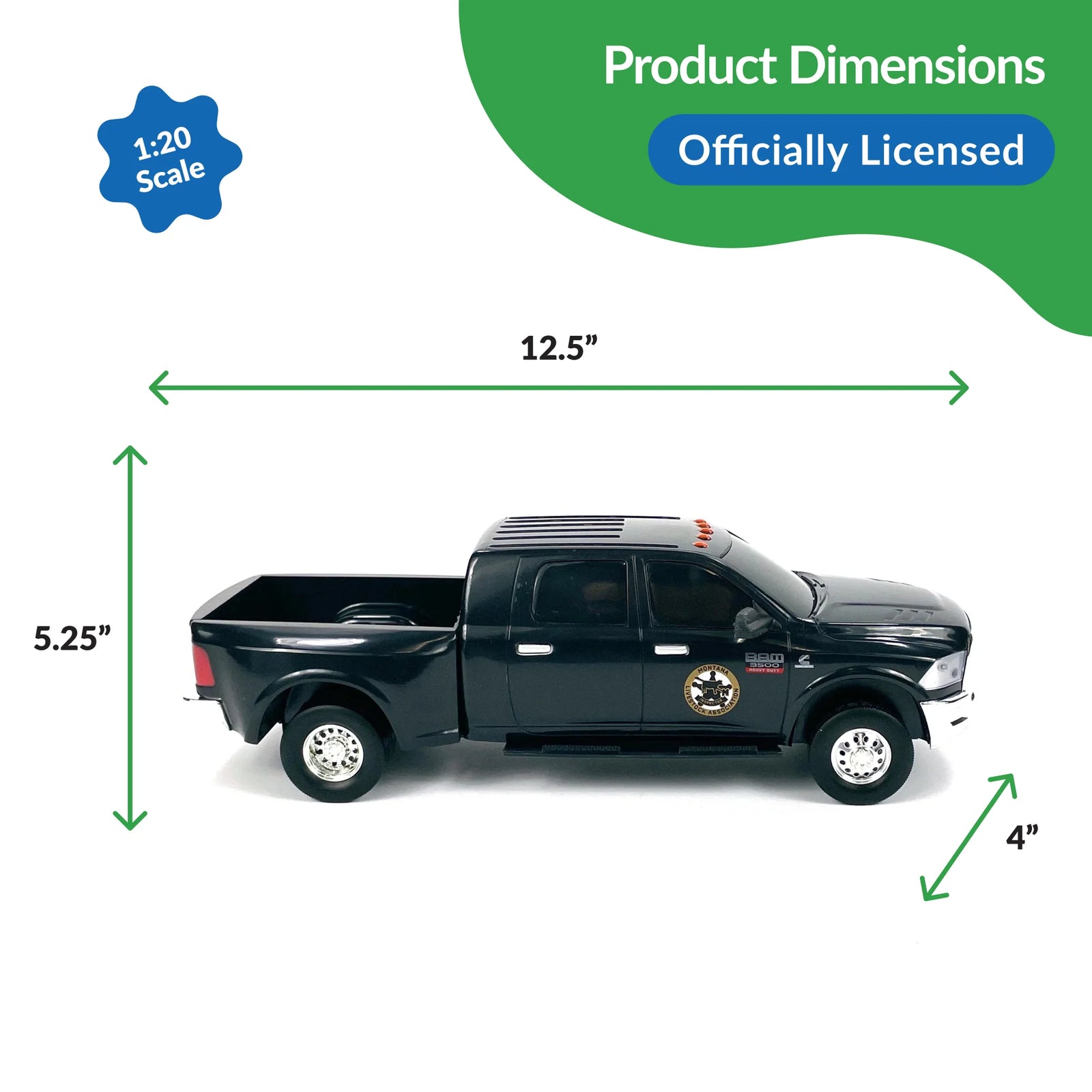 Big Country Toys Yellowstone Kaycee Dutton Truck. Black toy truck with dimensions labeled on a white background