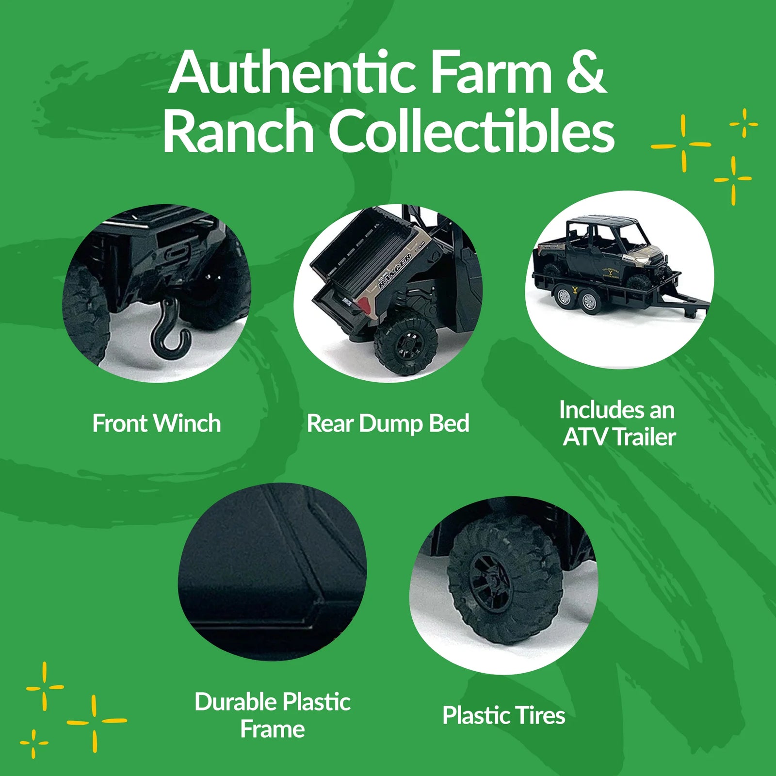 Promotional graphic for farm and ranch collectibles with features listed on a green background.