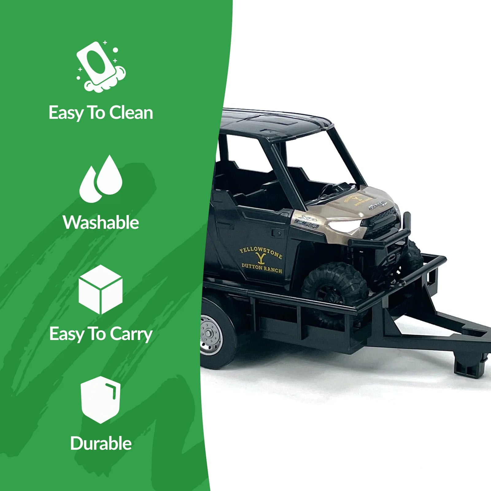 Big Country Toys Yellowstone Rip Wheeler's Polaris Truck. Model of a black utility vehicle with features listed on a green and white background