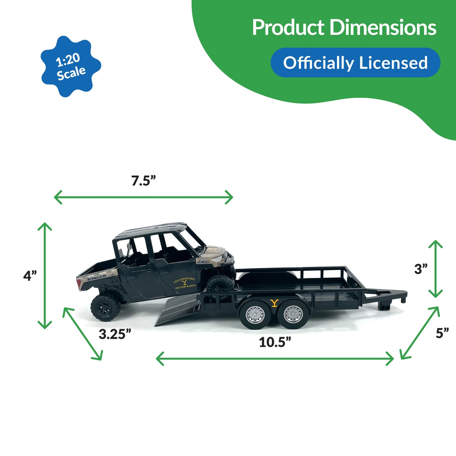 Model truck with trailer and dimensions on a white background