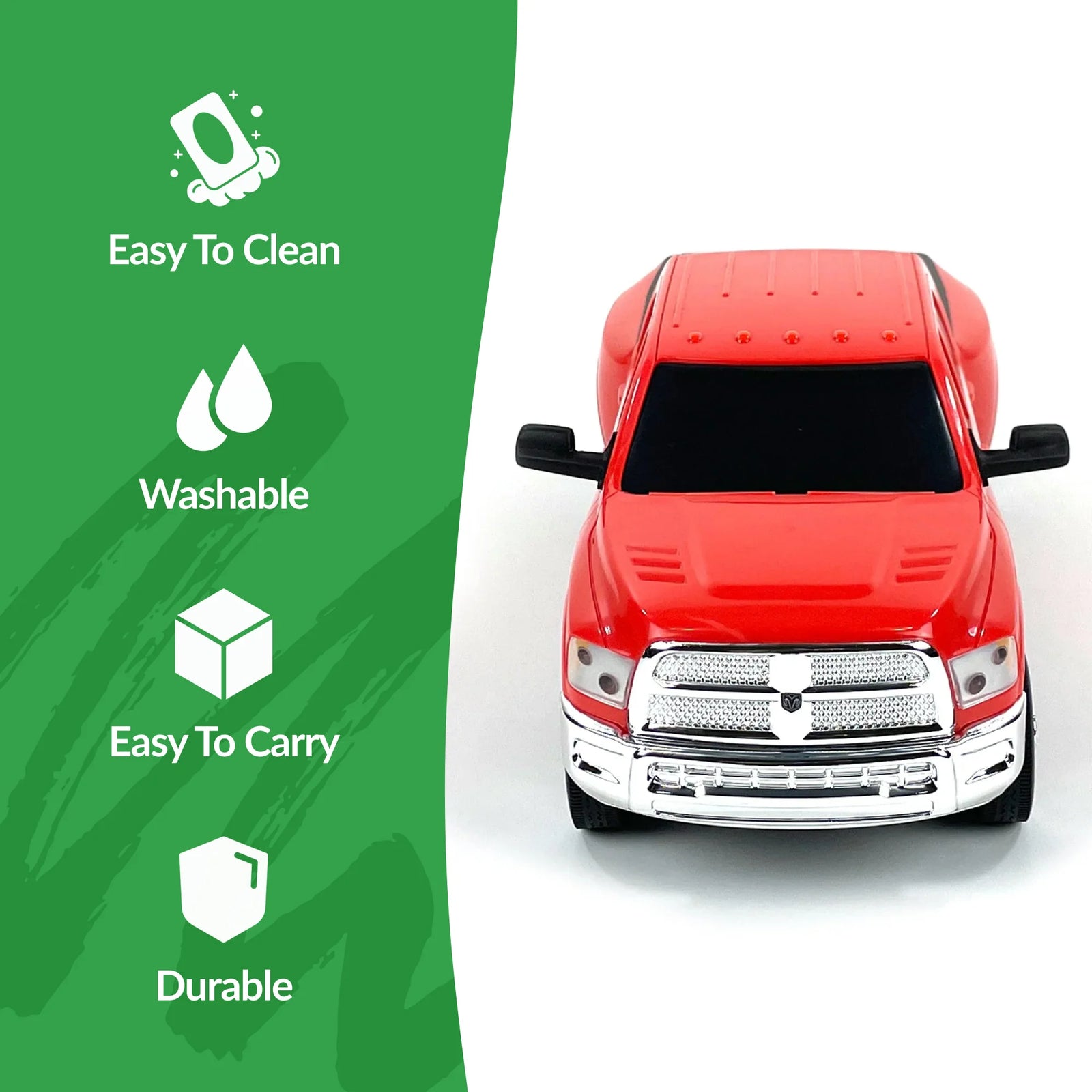 Big Country Toys Four Sixes Ranch Ram 3500 Mega Cab Dually. A red Big Country Toys 1:20 scale replica Ram 3500 Mega Cab Dually truck with a gooseneck connector.