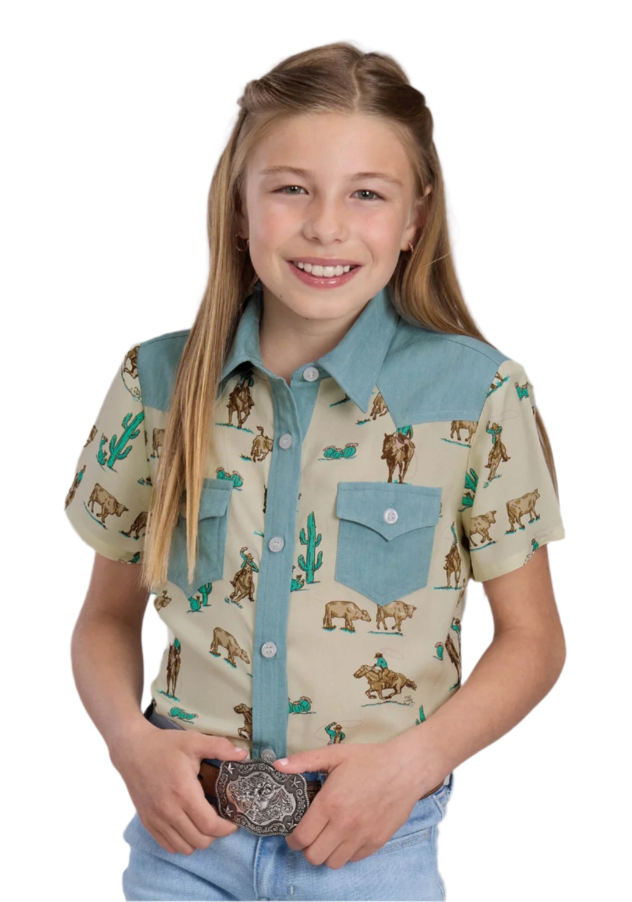 Roper Girl's Five Star S/S Western Shirt. A girl wearing a short-sleeved Western shirt with a pattern that includes rodeo-themed graphics, button closure, and pockets.