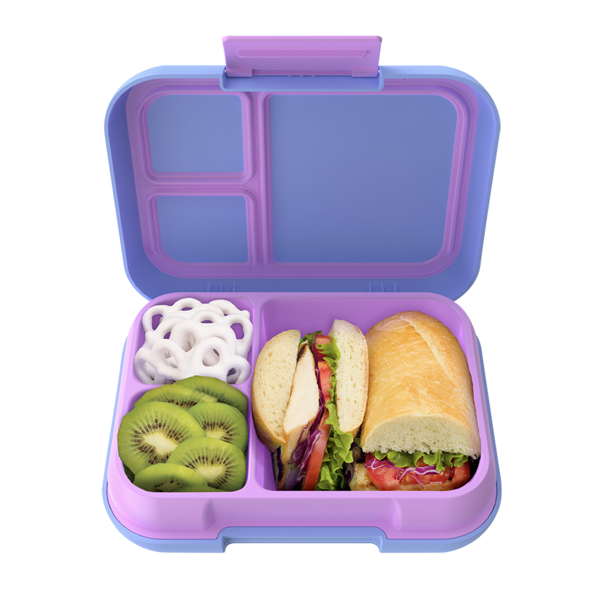 Bentgo Pop Lunch Box. Purple lunch box with compartments containing a sandwich, kiwi slices, and other items on a white background