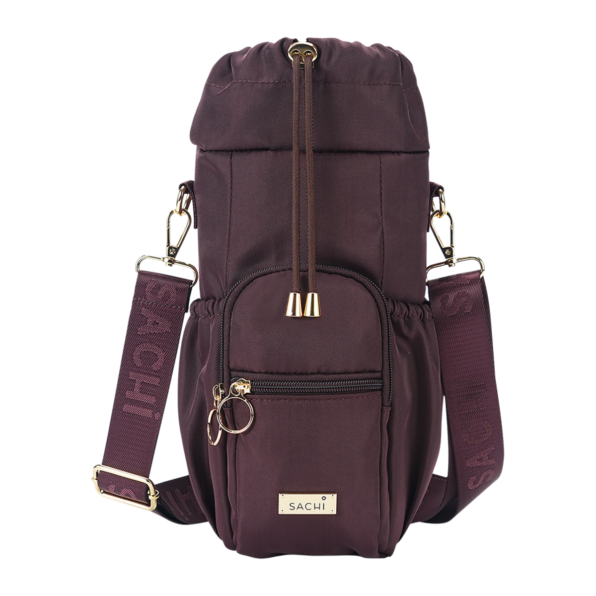 A dark plum purple Sachi crossbody bag with gold-tone hardware, featuring a drawstring top, front zippered pocket, side pockets, and a wide branded shoulder strap, shown on a plain white background.