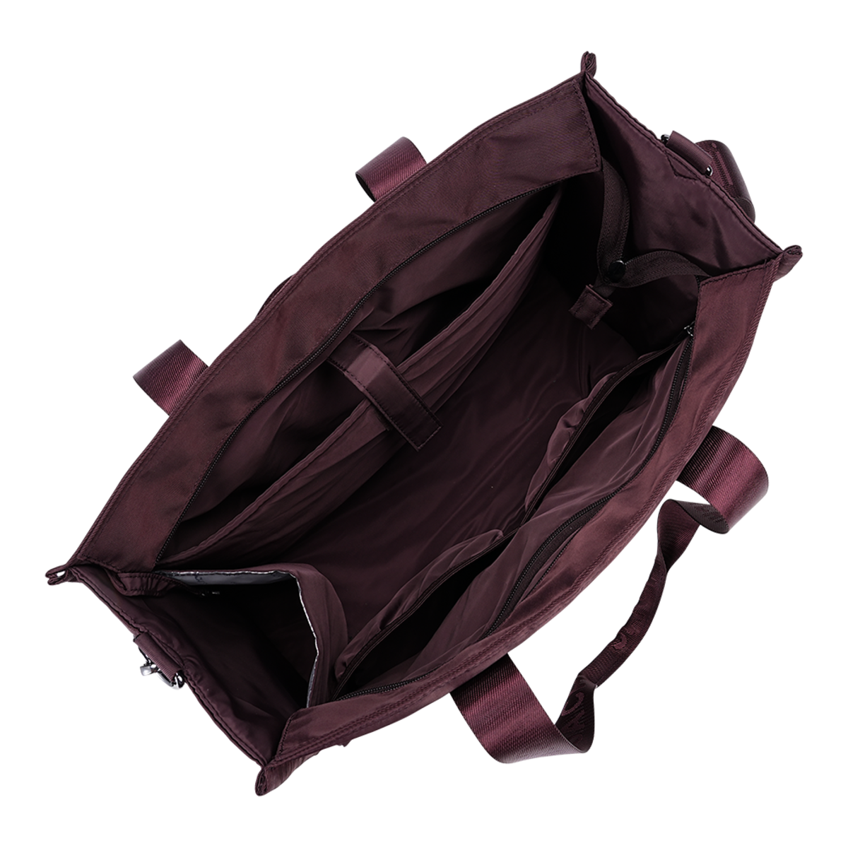 An open dark plum tote bag shown from above, revealing multiple interior compartments, zippered pockets, and webbed handles against a plain white background.
