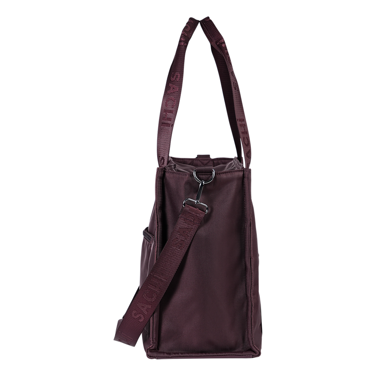 A dark burgundy tote bag with a matching shoulder strap, shown against a plain white background.