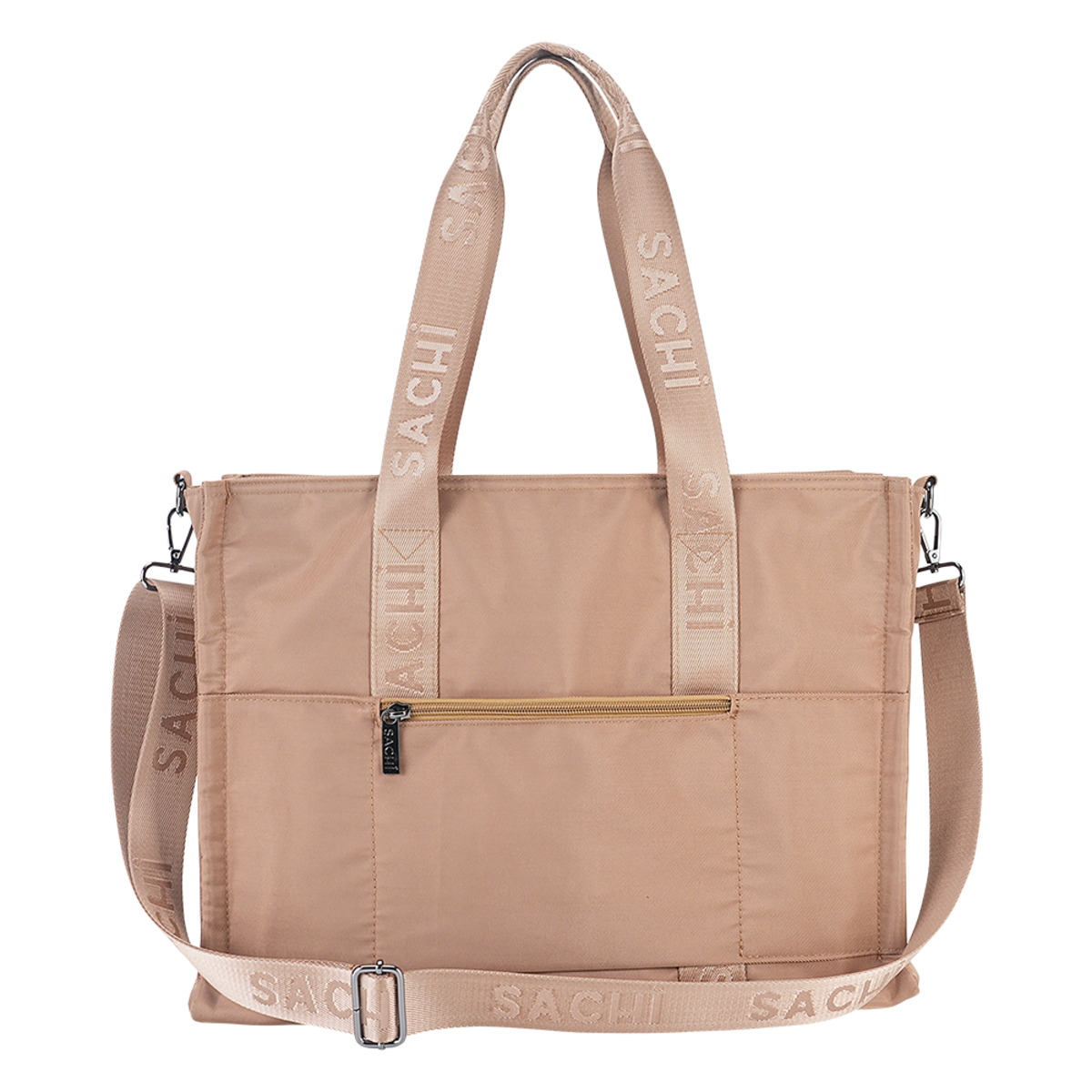 A beige Sachi tote bag with matching fabric handles and a detachable shoulder strap, featuring a front zippered pocket and a gold zipper accent, shown on a plain white background.