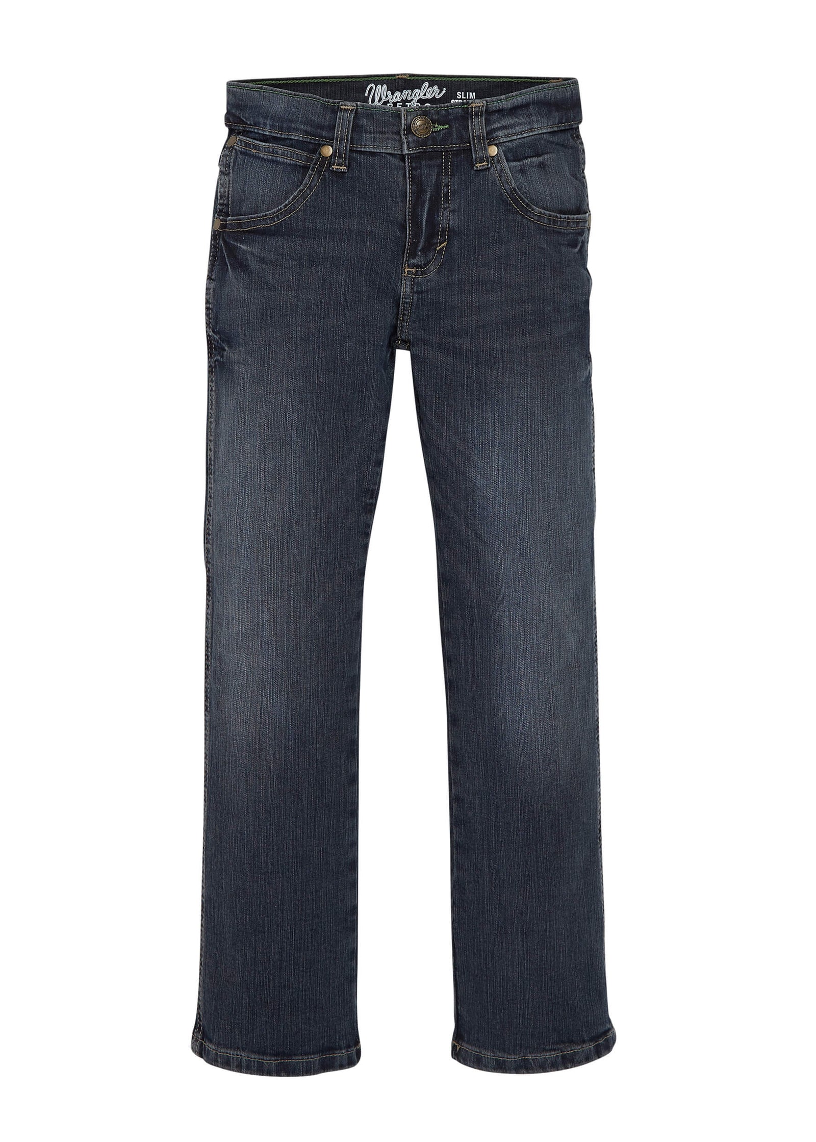 A pair of Wrangler boy's retro slim fit straight leg jeans, featuring a dark wash and traditional five-pocket design.