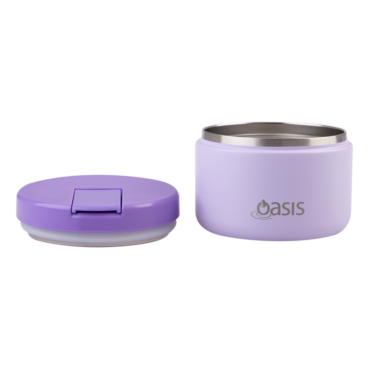 Oasis Stainless Steel Double Wall Insulated Food Flask -300mL. Purple insulated food container with silver lid on a white background