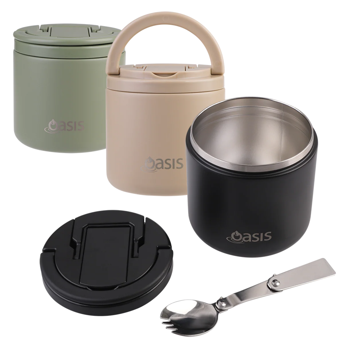 Oasis Stainless Steel Double Wall Insulated Food Flask - 550mL. Set of Oasis insulated containers with lids and a fork on a white background
