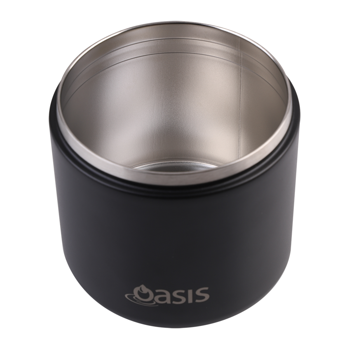 Oasis Stainless Steel Double Wall Insulated Food Flask - 550mL. Black insulated mug with silver interior on a white background, featuring the 'Oasis' brand.