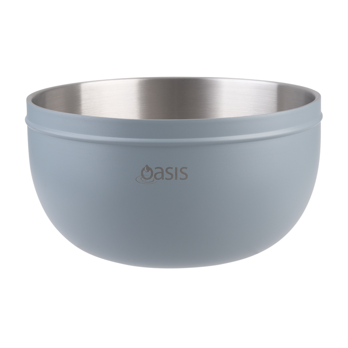 Oasis Stainless Steel 2.8 L Double Wall Salad Bowl with Lid. Light blue bowl with stainless steel interior on a white background