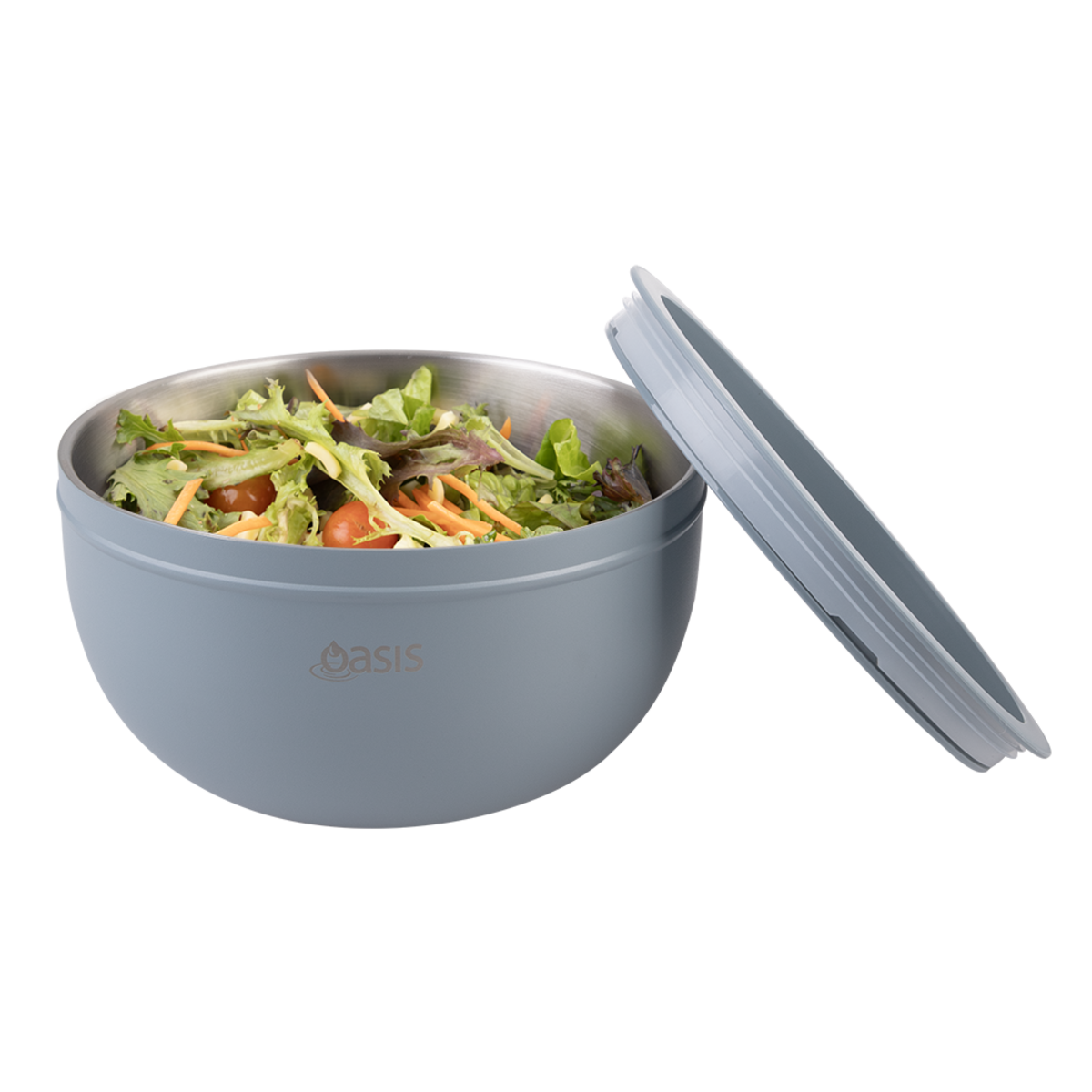 Oasis Stainless Steel 2.8 L Double Wall Salad Bowl with Lid. Gray salad bowl with a salad and a lid on a white background