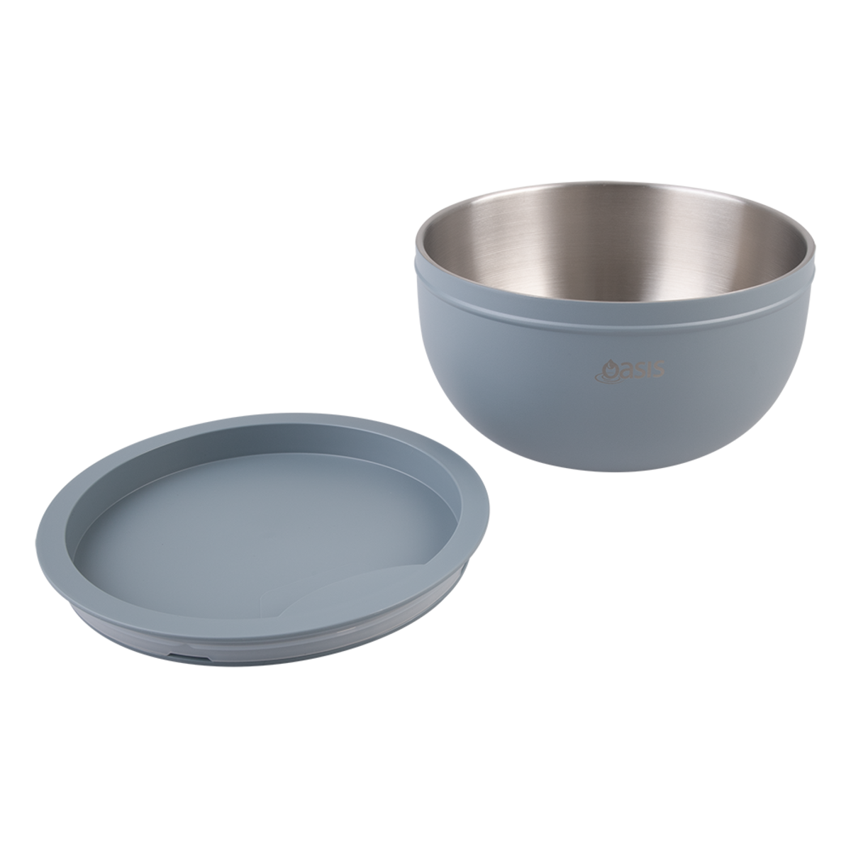 Oasis Stainless Steel 2.8 L Double Wall Salad Bowl with Lid. Two gray bowls with stainless steel interior on a white background