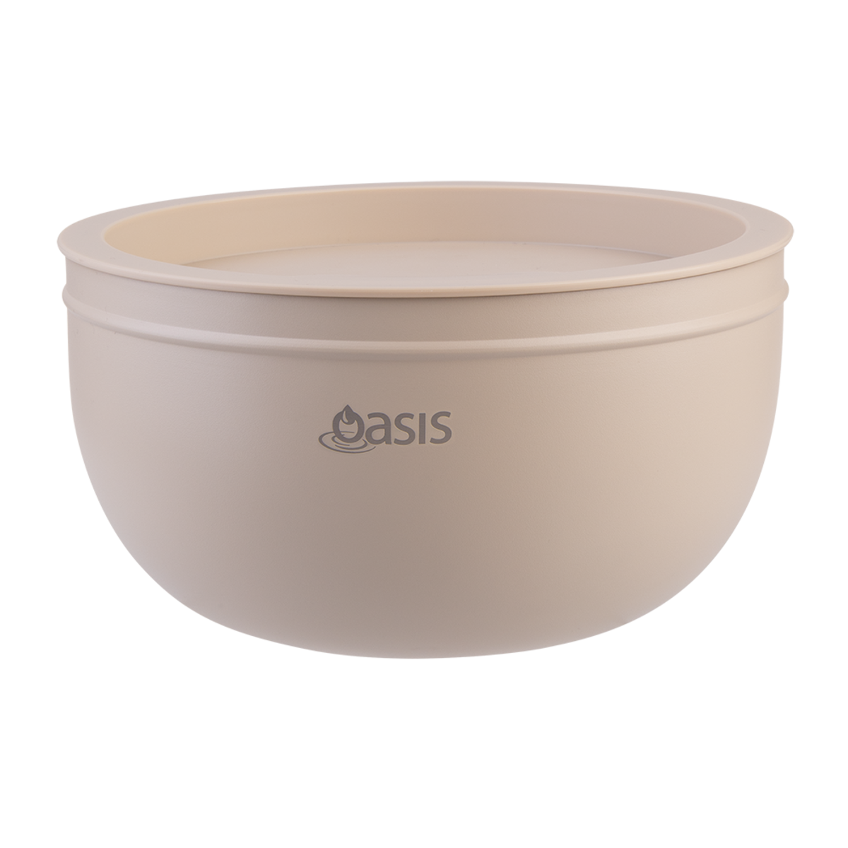 Oasis Stainless Steel 2.8 L Double Wall Salad Bowl with Lid. Beige planter with 'Oasis' branding on a white background
