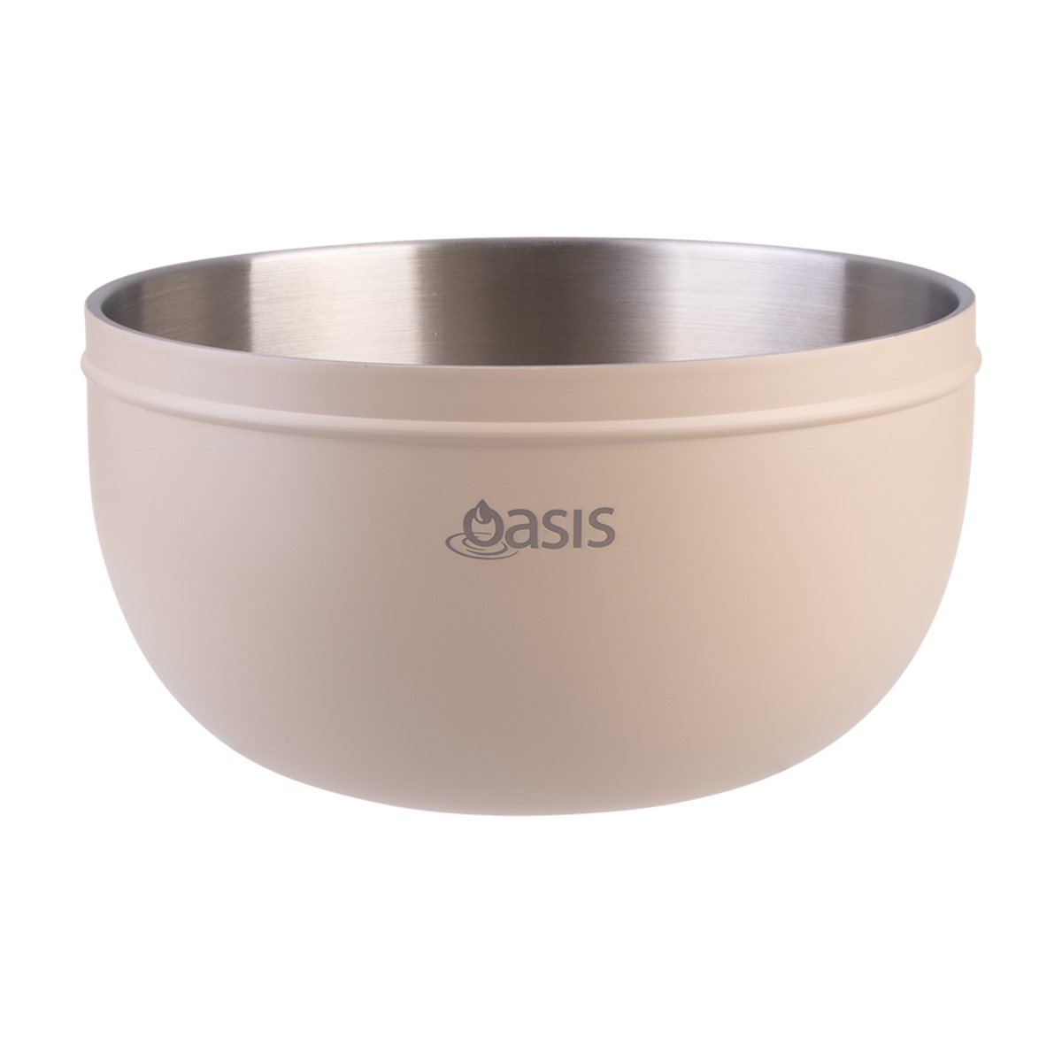 Oasis Stainless Steel 2.8 L Double Wall Salad Bowl with Lid. Beige and silver bowl with 'oasis' branding on a white background