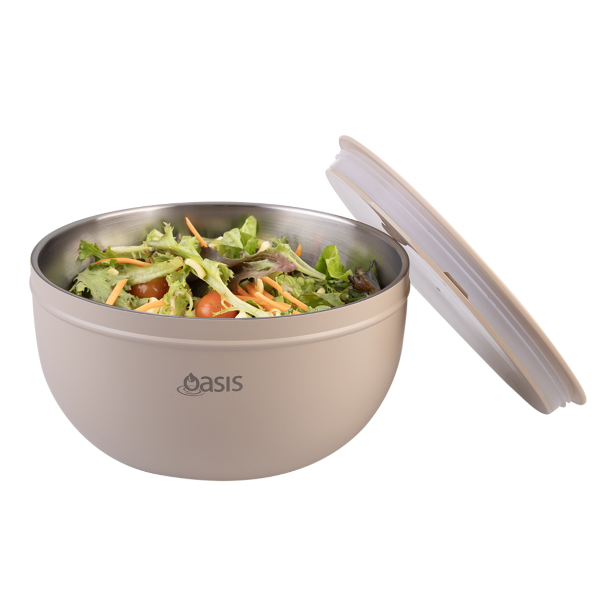 Oasis Stainless Steel 2.8 L Double Wall Salad Bowl with Lid. Beige stainless steel bowl with salad and a white lid on a white background, featuring the 'Oasis' brand.