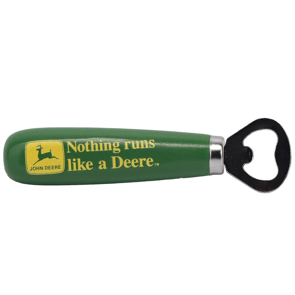 Nothing Runs Like a Deere Wooden Handle Bottle Opener. John Deere bottle opener with green handle and black metal bottle opener on a white background