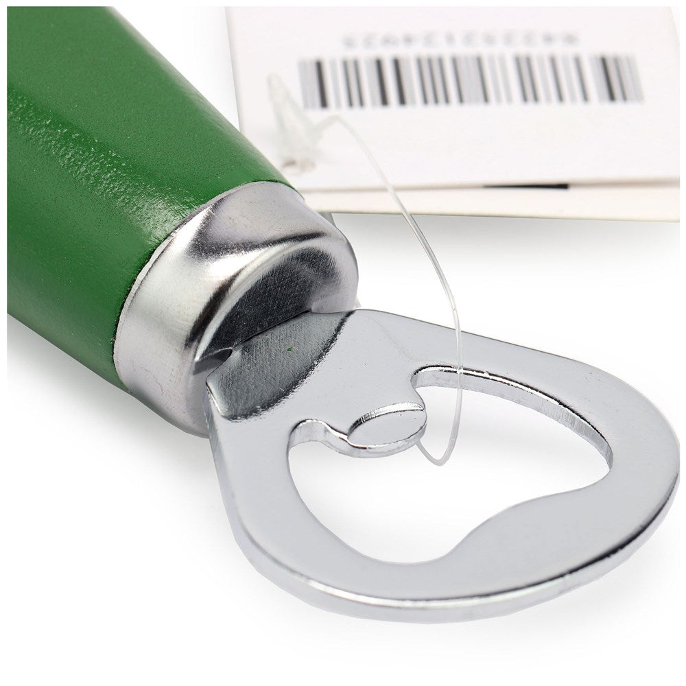 Nothing Runs Like a Deere Wooden Handle Bottle Opener. Green bottle opener with silver metal clip on a white background