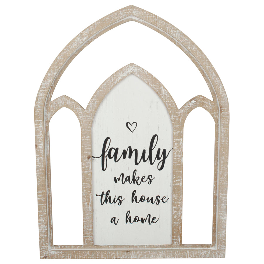 Arch ‘Family Makes Home’ Wall Art. Decorative sign with 'family makes this house a home' text in an arch-shaped frame.