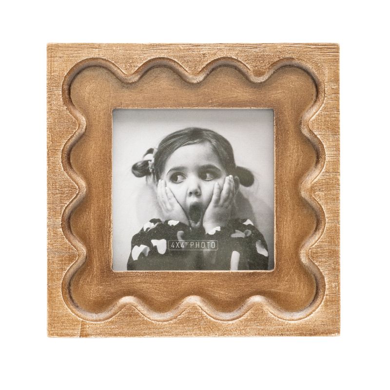 Designer Photo Frame. Wooden photo frame with a vintage-style black and white photo of a child.