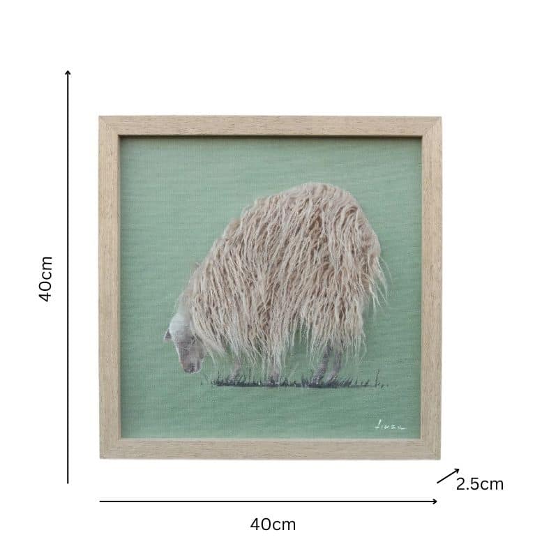 Long-Haired Sheep Hand-Made Framed Canvas Wall Art. Framed artwork of a sheep on a green background with dimensions indicated.