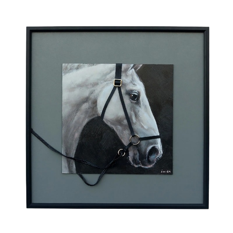 Horse w/3-D Bridle Framed Canvas Wall Art. Framed artwork of a horse's head with bridle on a gray background