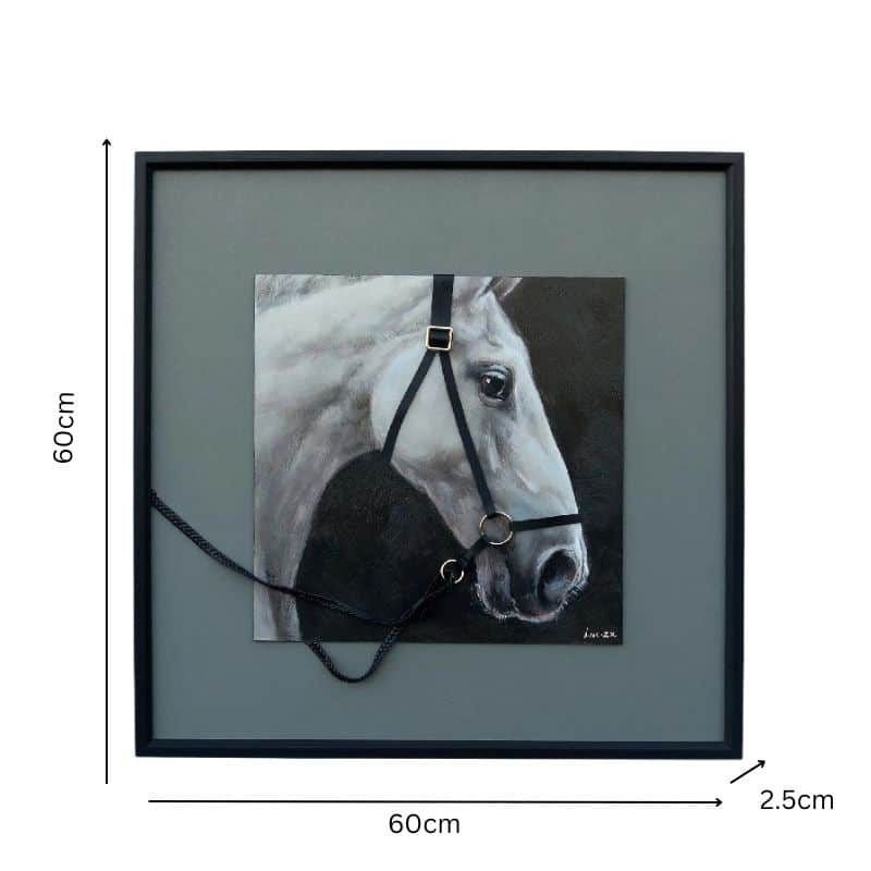 Horse w/3-D Bridle Framed Canvas Wall Art. Framed artwork of a horse's head with blinders, showing dimensions on a white background.