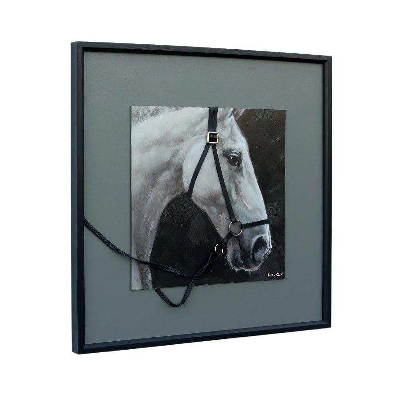 Horse w/3-D Bridle Framed Canvas Wall Art. Framed artwork of a horse's head on a gray background