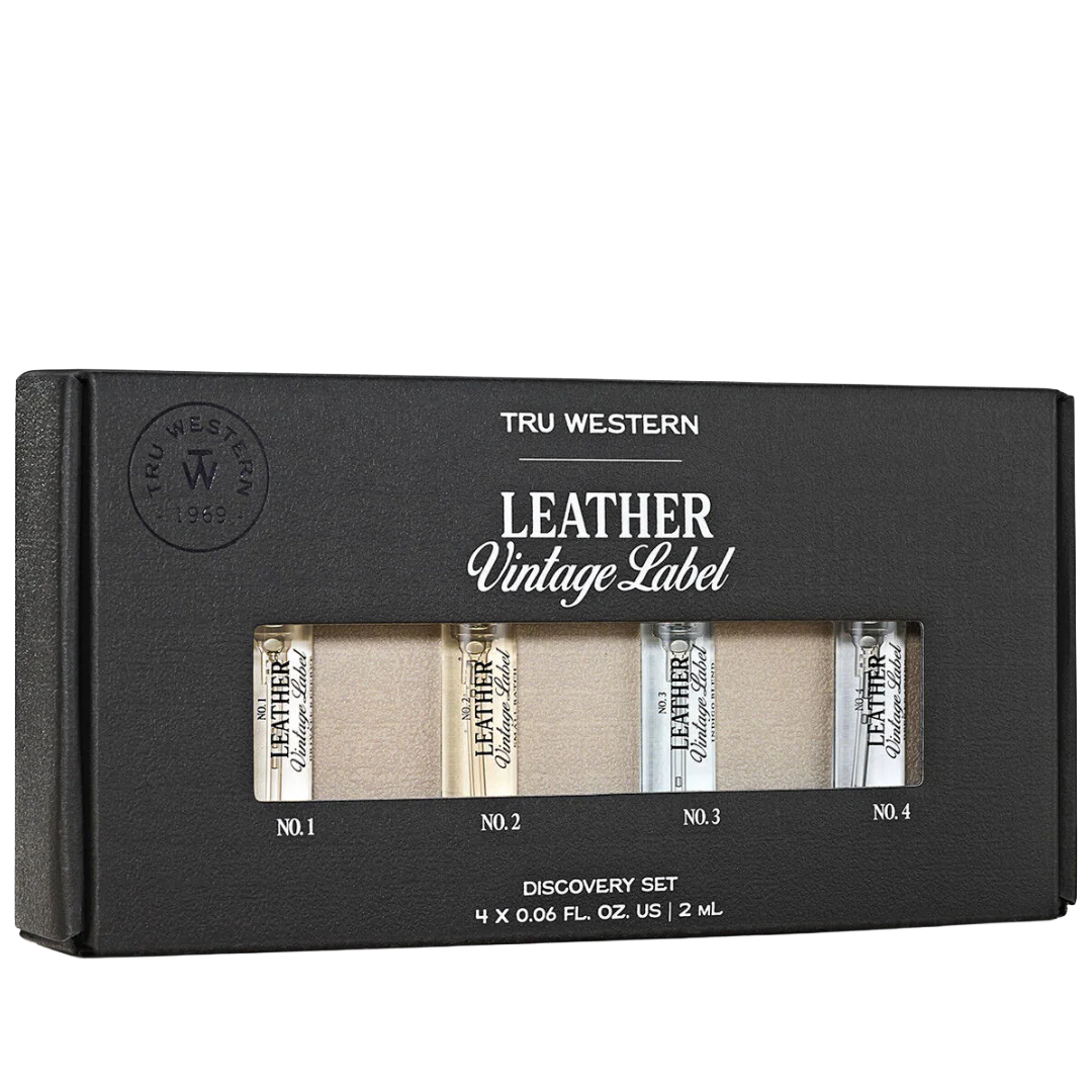 Tru Western leather vintage label discovery set packaging on a white background