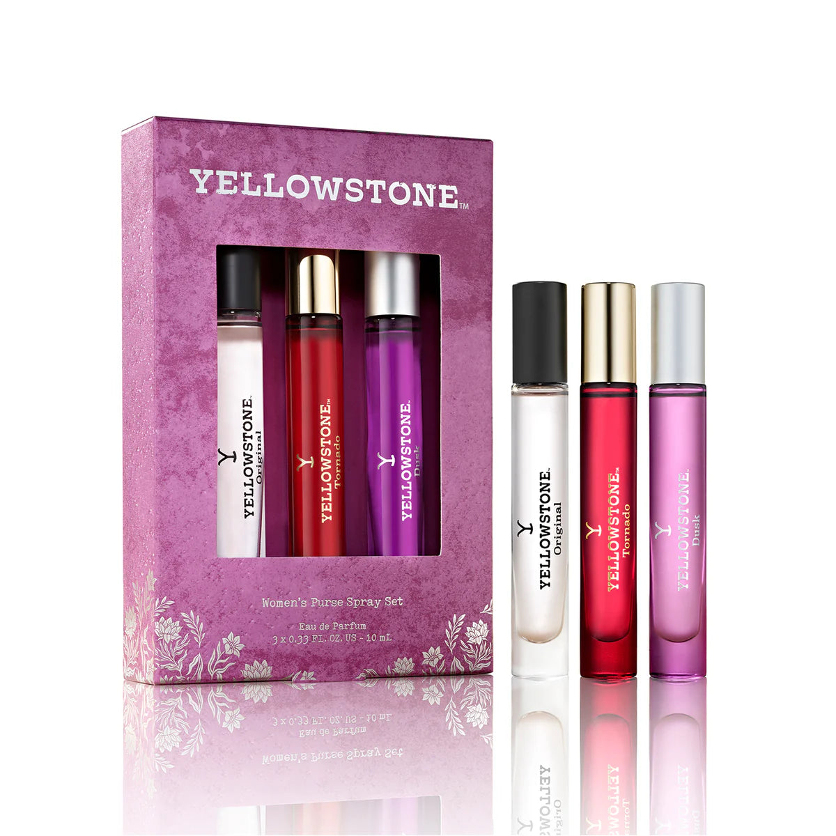 Yellowstone perfume set with four bottles in a decorative box on a white background