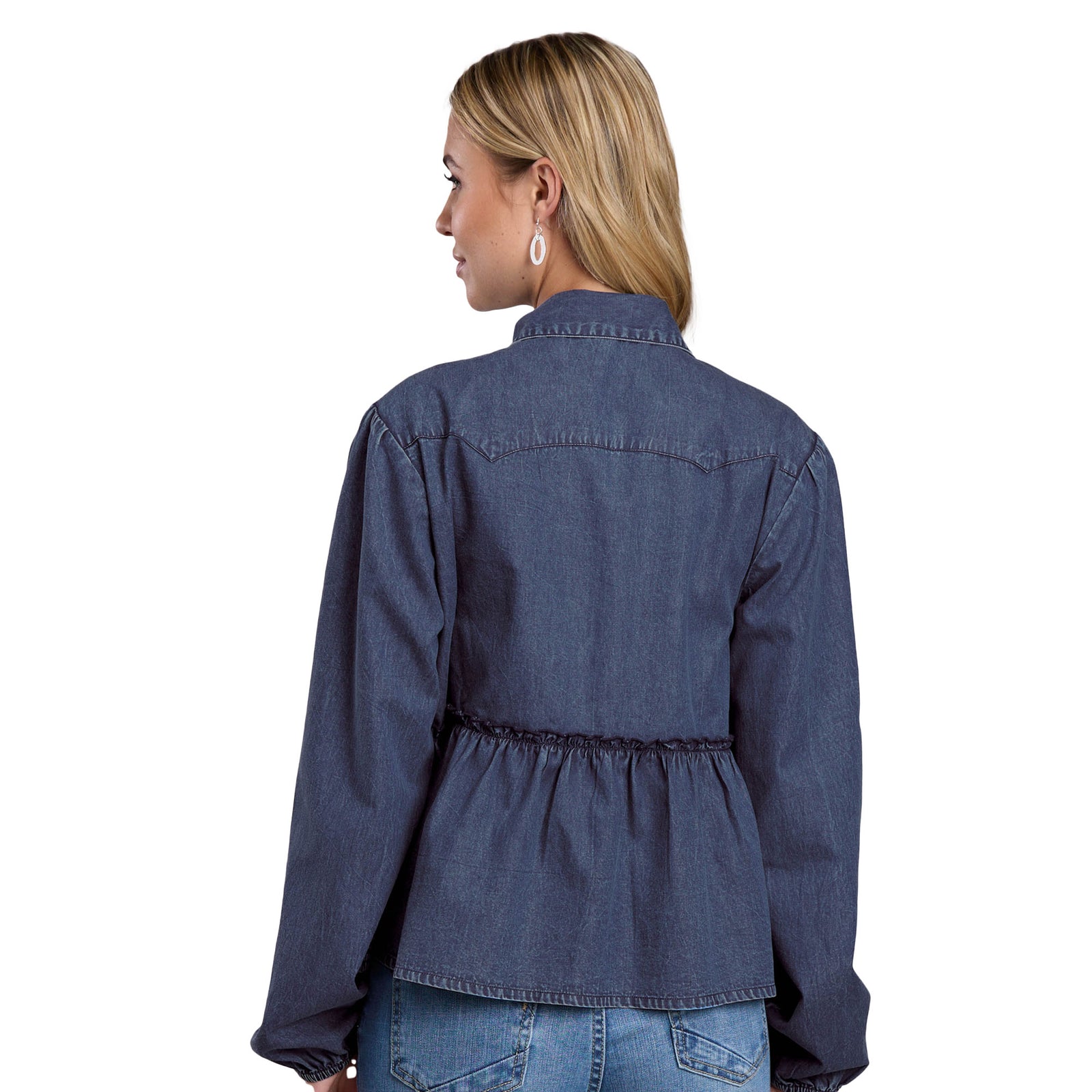 Woman wearing a blue denim jacket on a white background