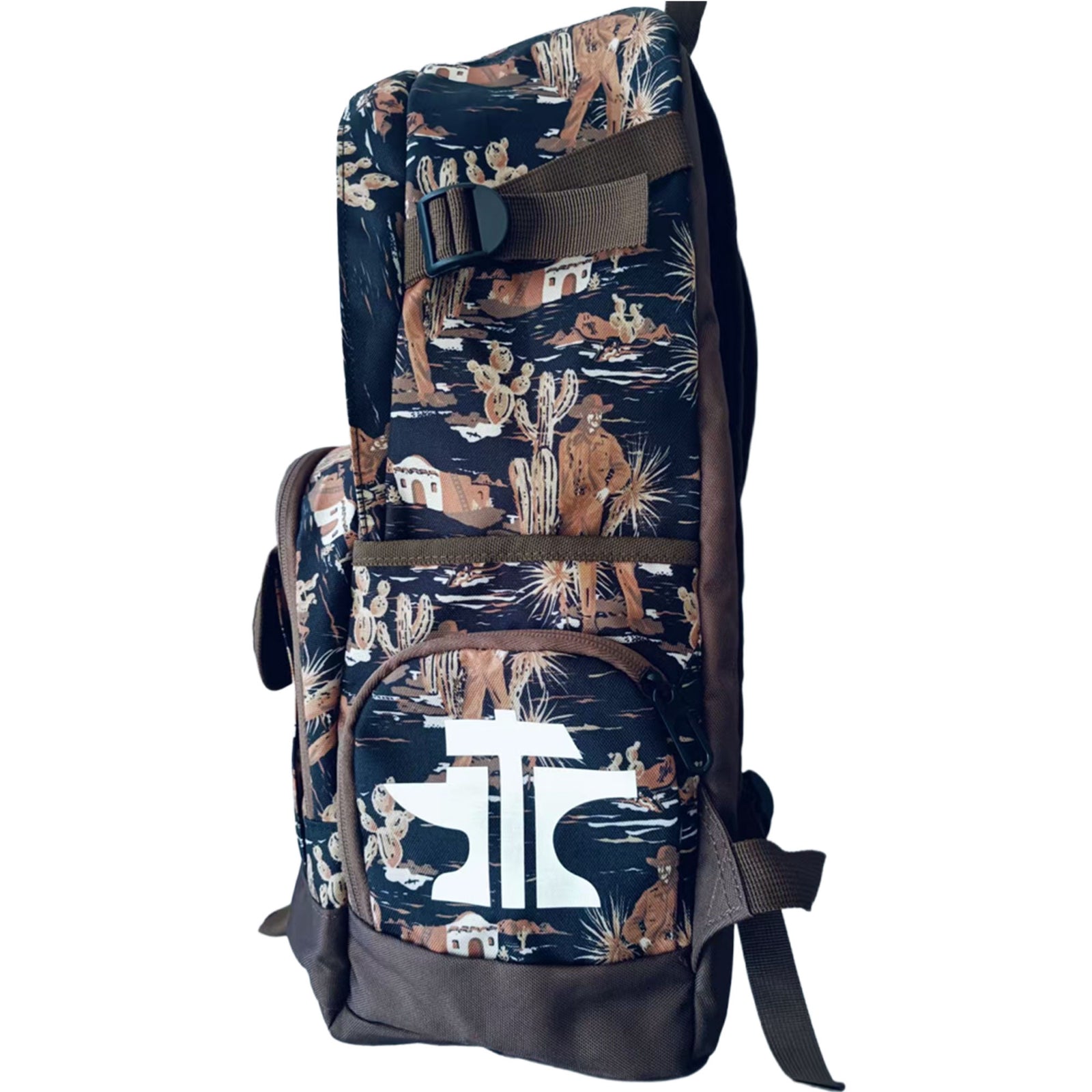 Tin Haul Backpack. Backpack with desert-themed pattern on a white background