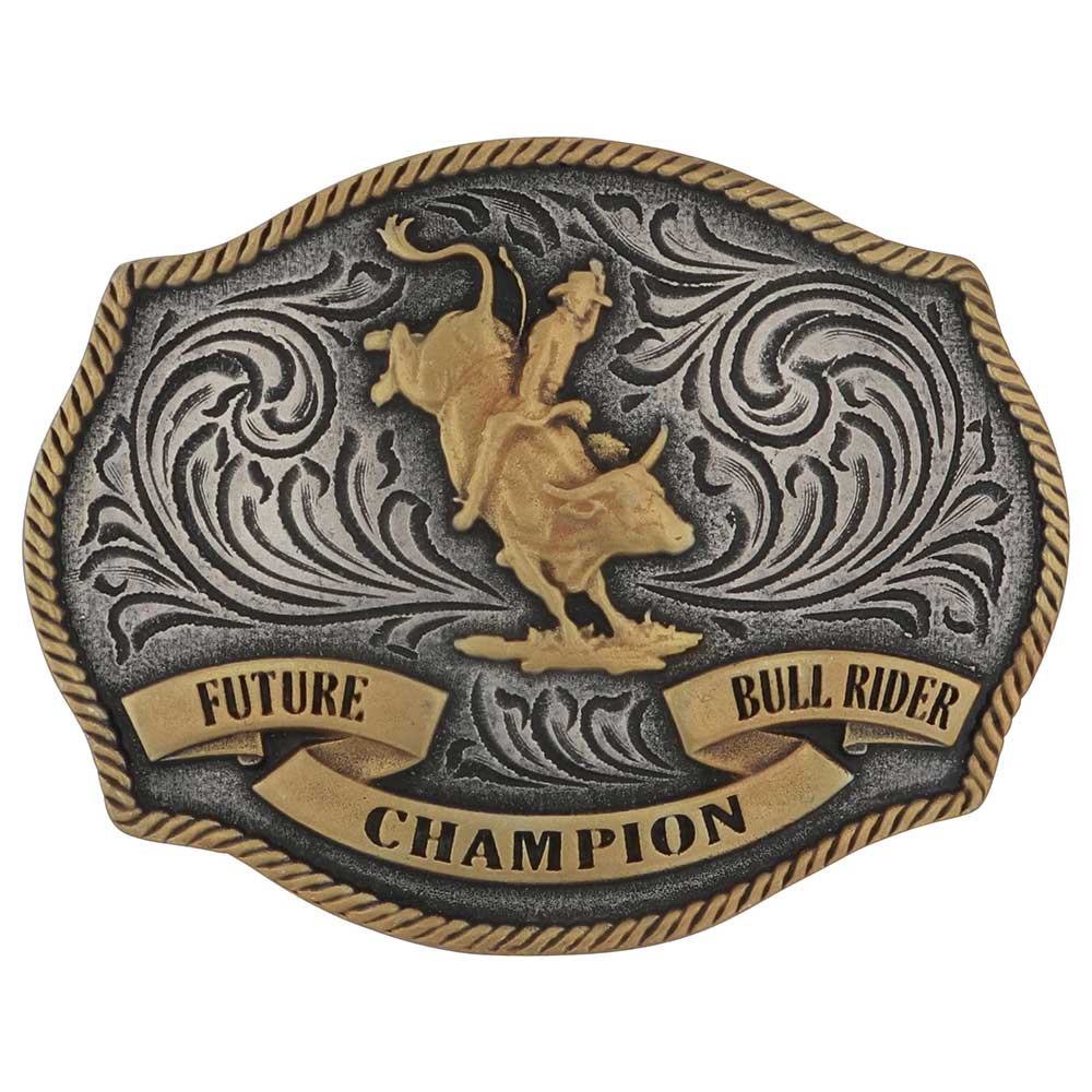 Montana Silversmiths Future Bull Rider Buckle. A gold and silver tone belt buckle with an engraved design featuring a bull rider and the text 'FUTURE BULL RIDER CHAMPION'.