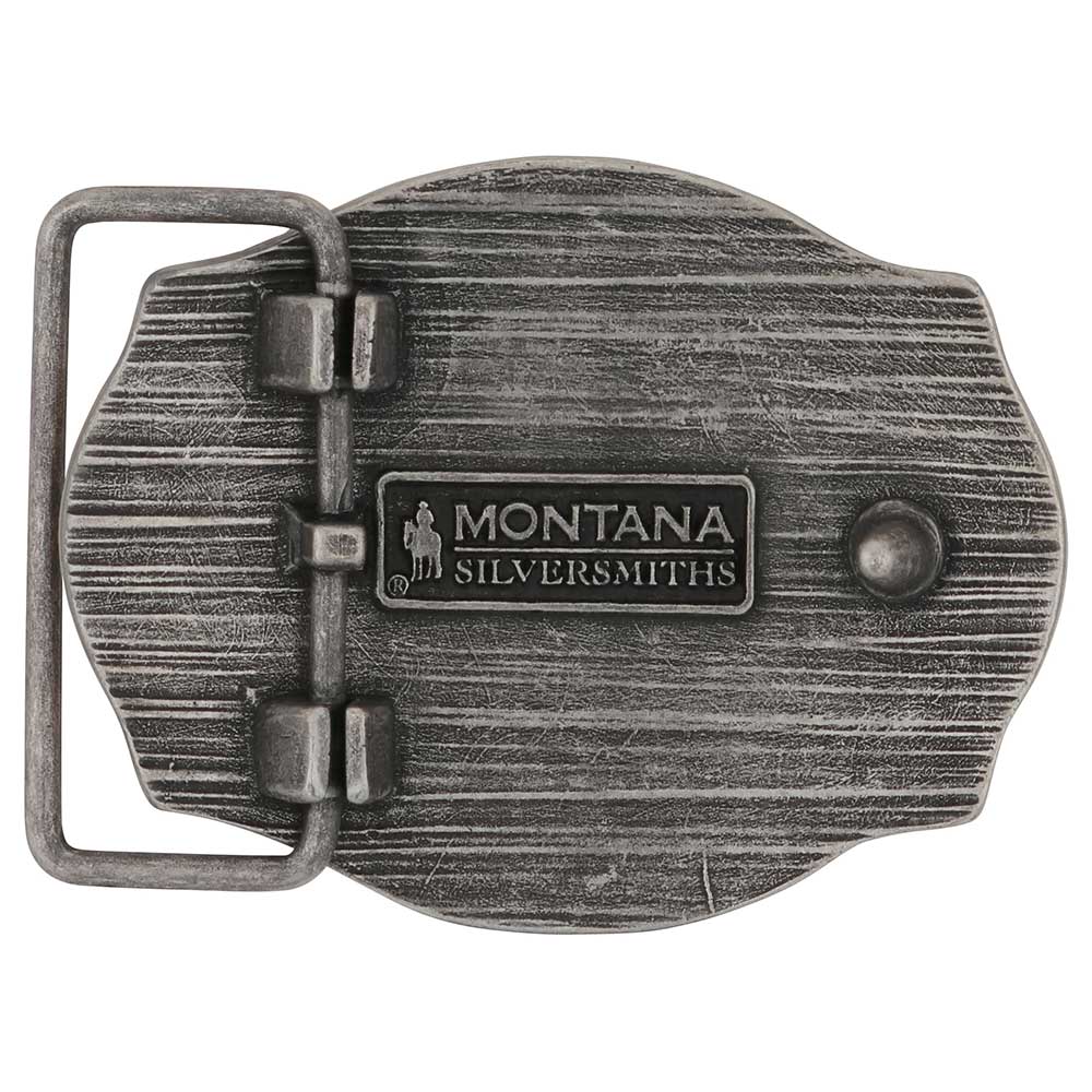 Montana Silversmiths Future Bull Rider Buckle. Metallic belt buckle with 'Montana Silversmiths' label on a white background