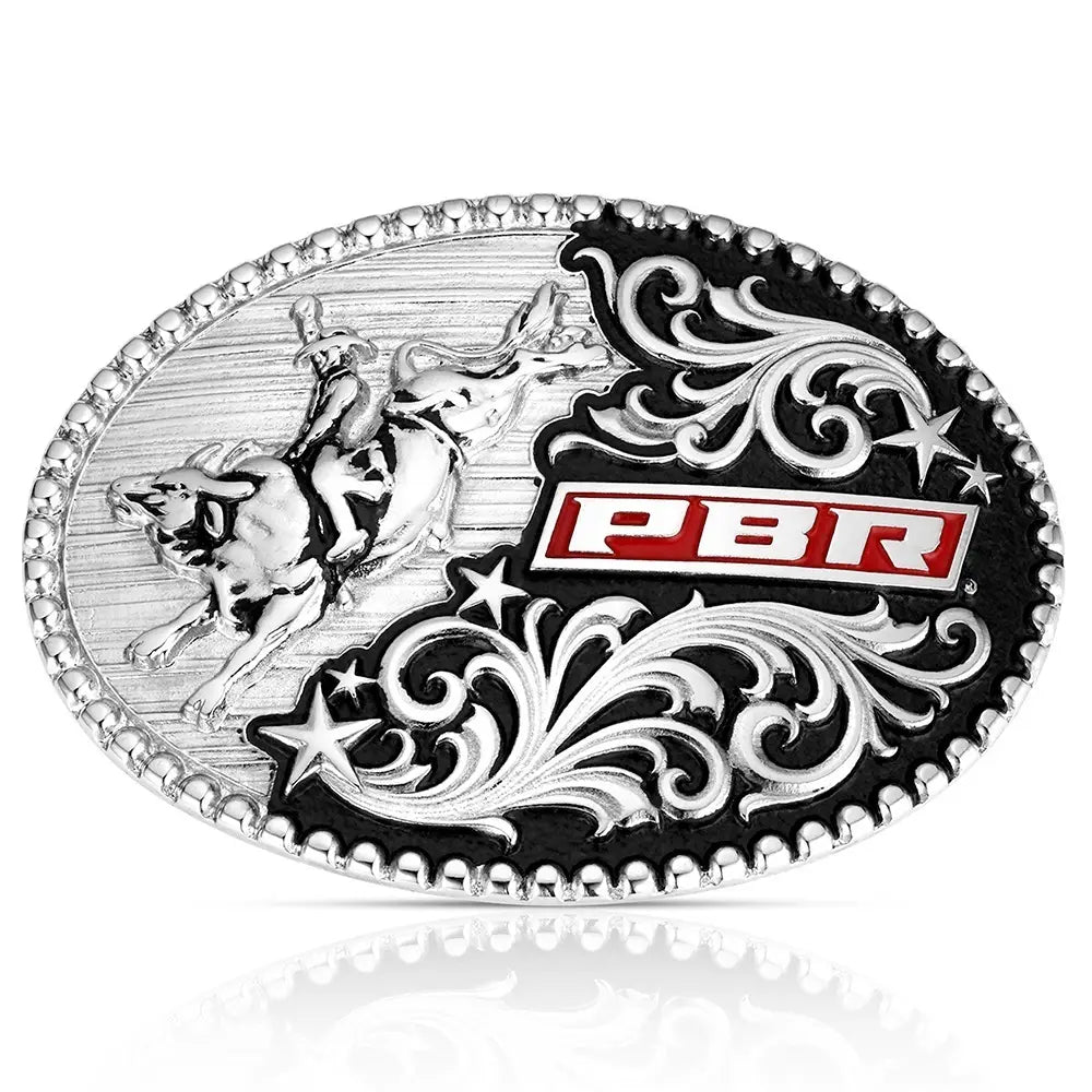 Belt buckle with PBR logo and bull rider design on a white background