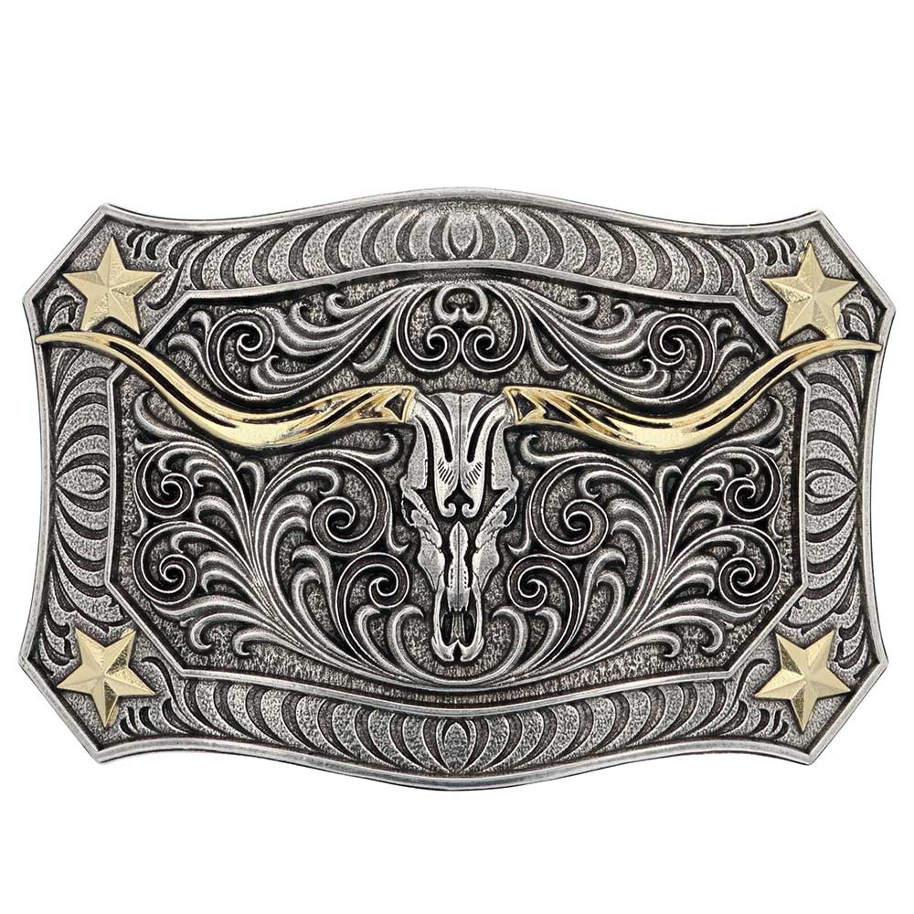Montana Silversmith Longhorn Crest Attitude Buckle. Decorative belt buckle with skull design, stars, and intricate patterns on a white background