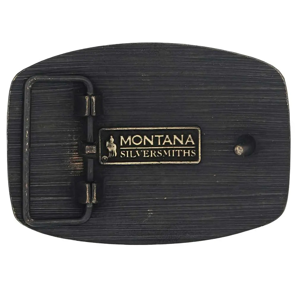 Montana Silversmith Longhorn Legend Attitude Buckle. Black belt buckle with 'Montana Silversmiths' logo on a white background