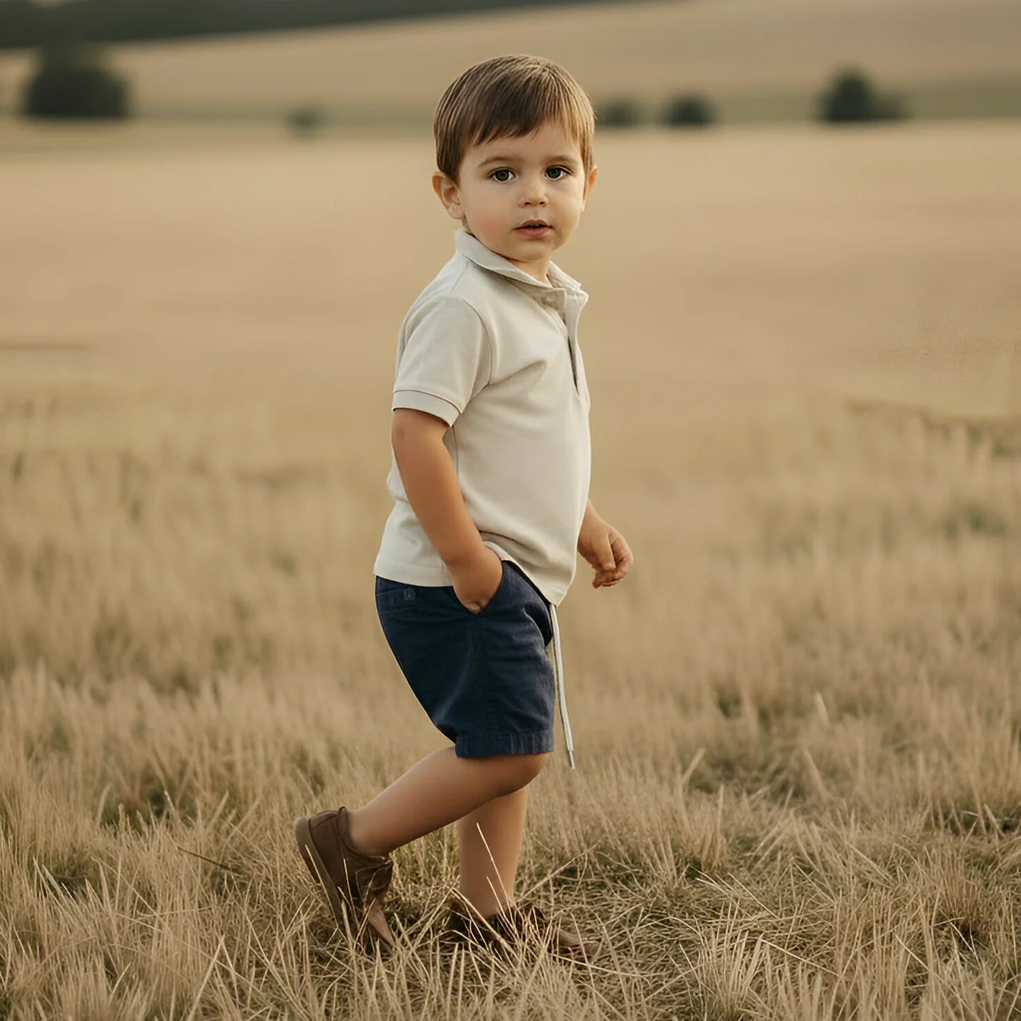 Young boy standing in a field with rolling hills in the background