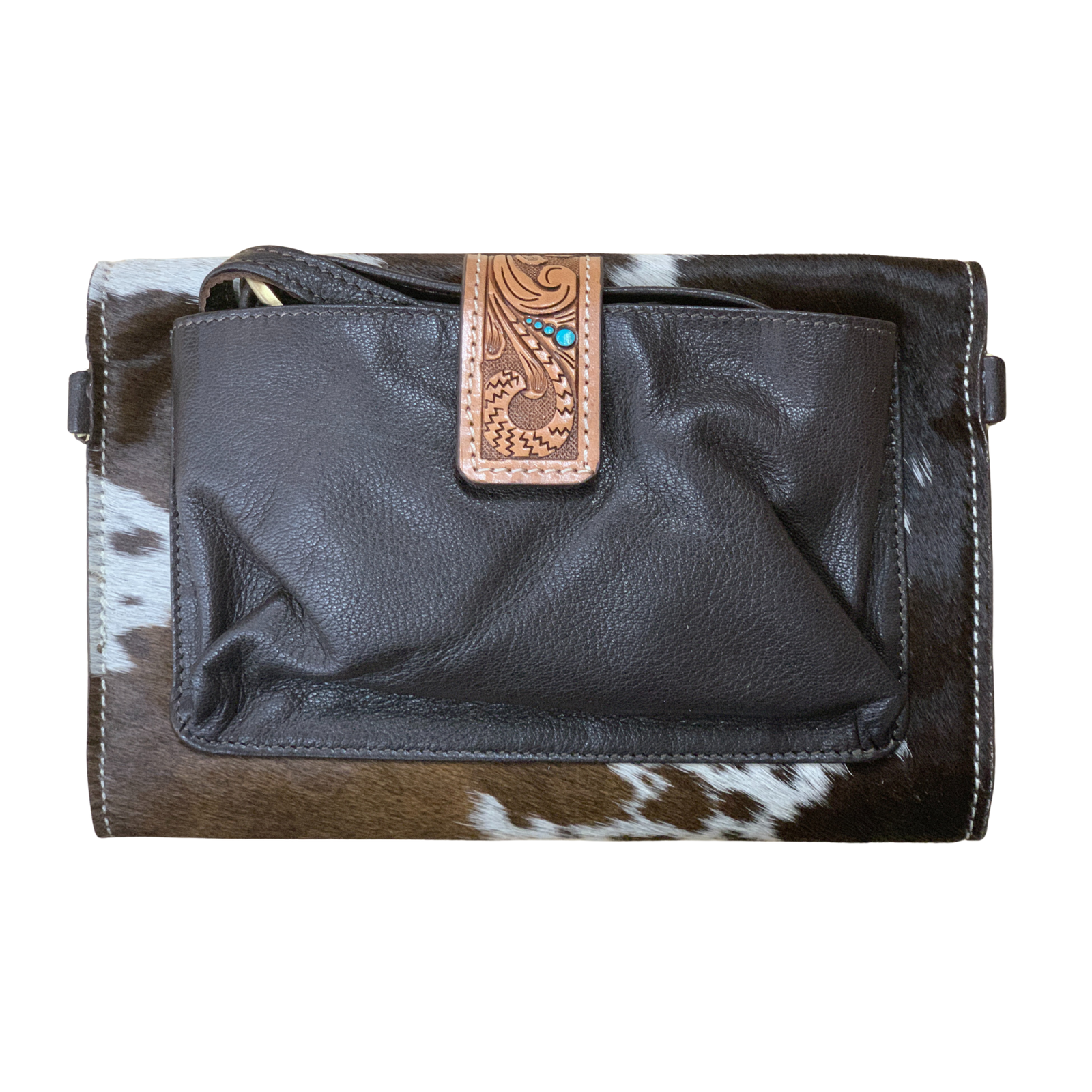 Cowhide Sunflower Tooling Leather Brown Wallet Bag. Black leather clutch with cowhide trim on a white background