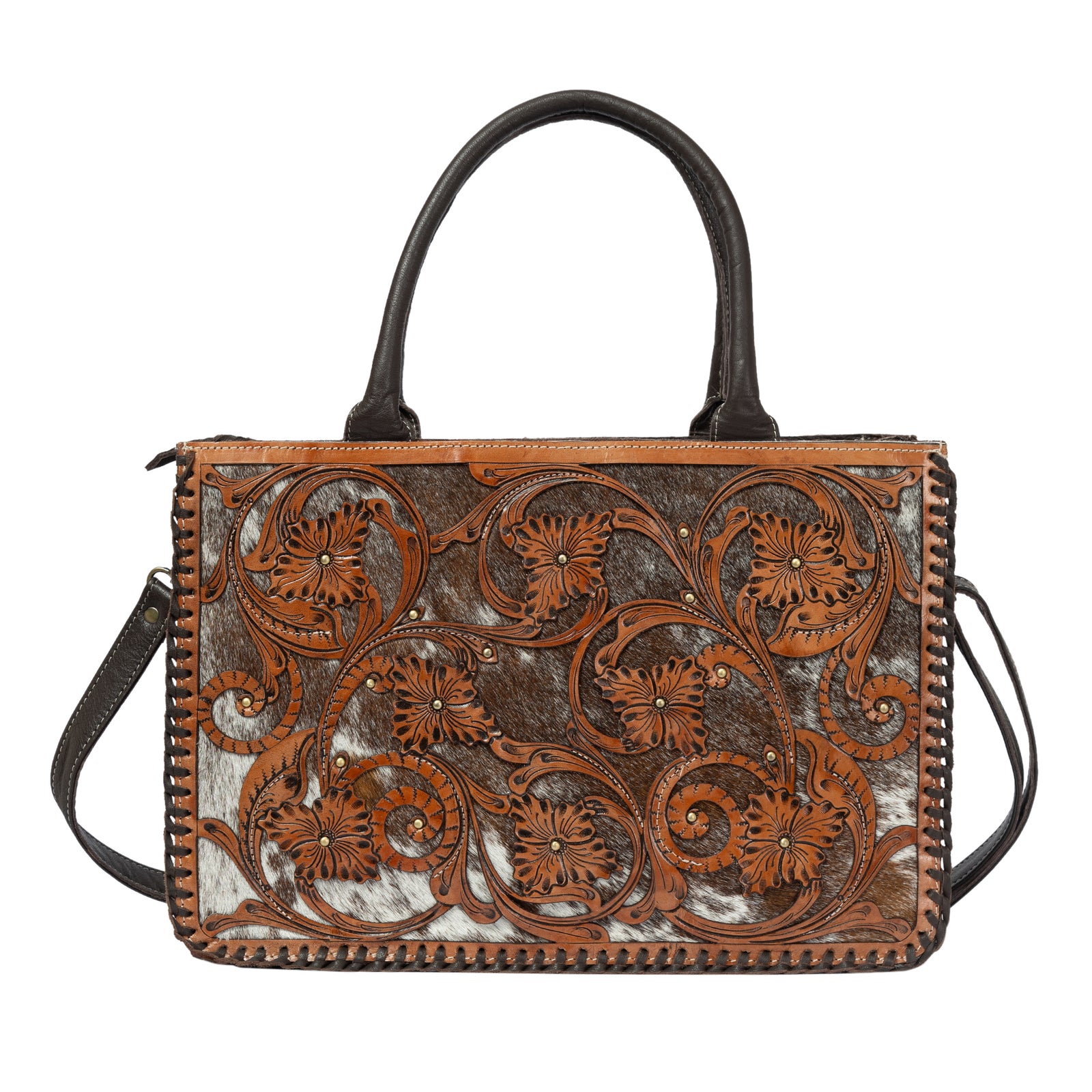 Sicily Brown Cowhide Big Bag with Tooled Cutwork