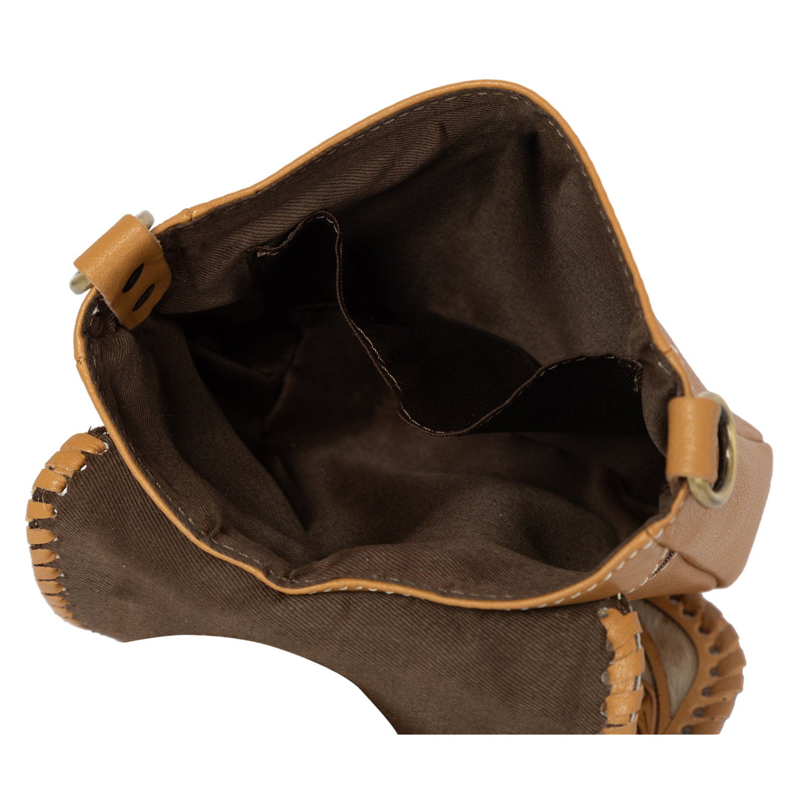 Brown leather bag with tan interior and trim on a white background