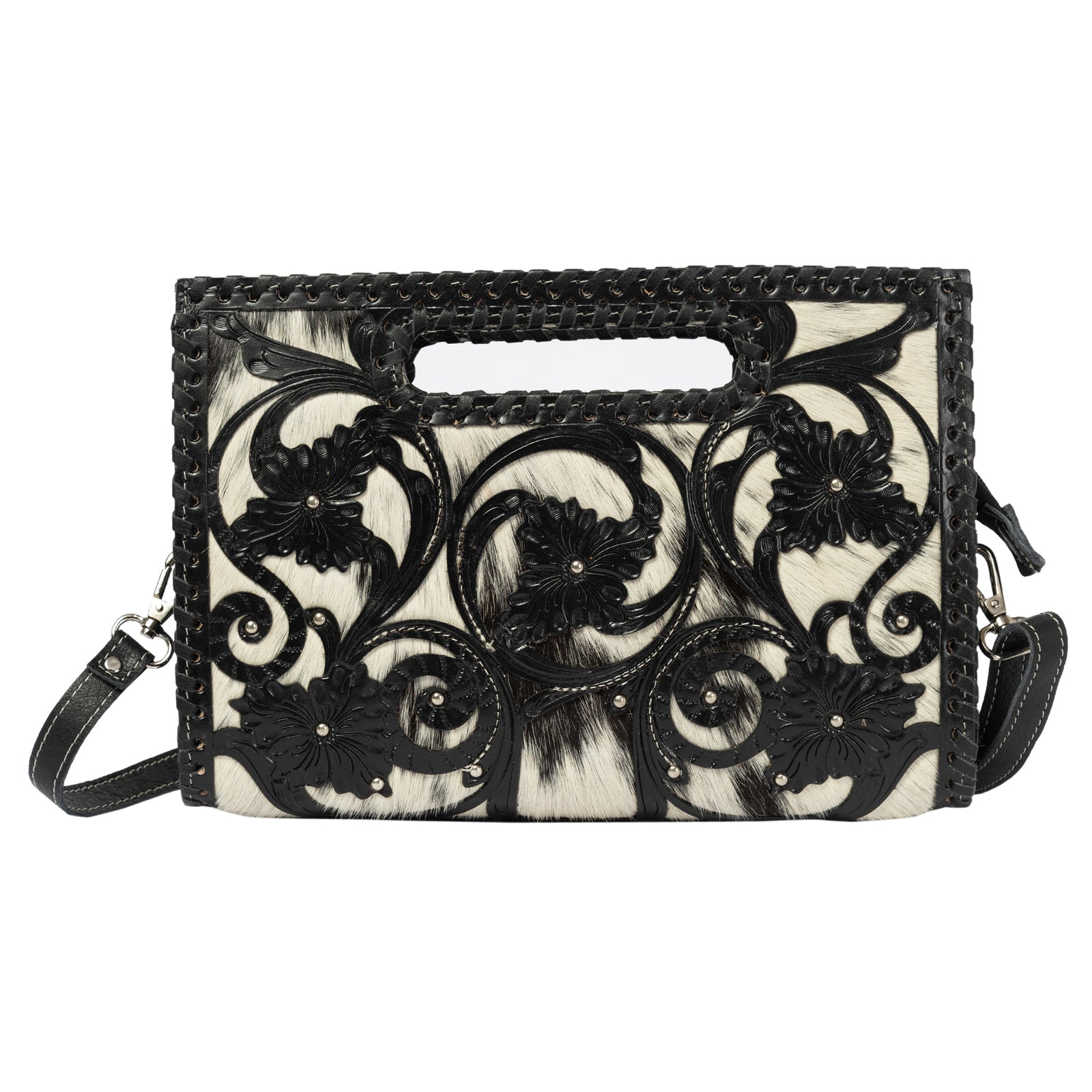 Black floral embroidery clutch bag on a white background