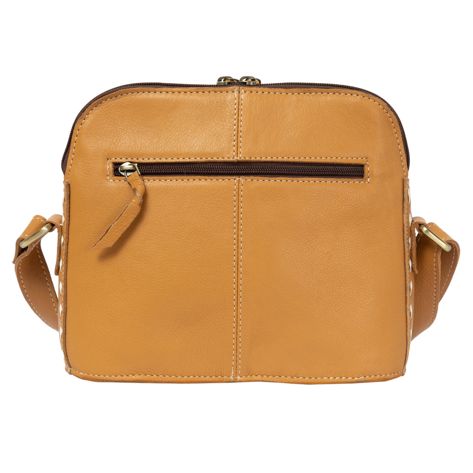 Tan leather crossbody bag on a white background