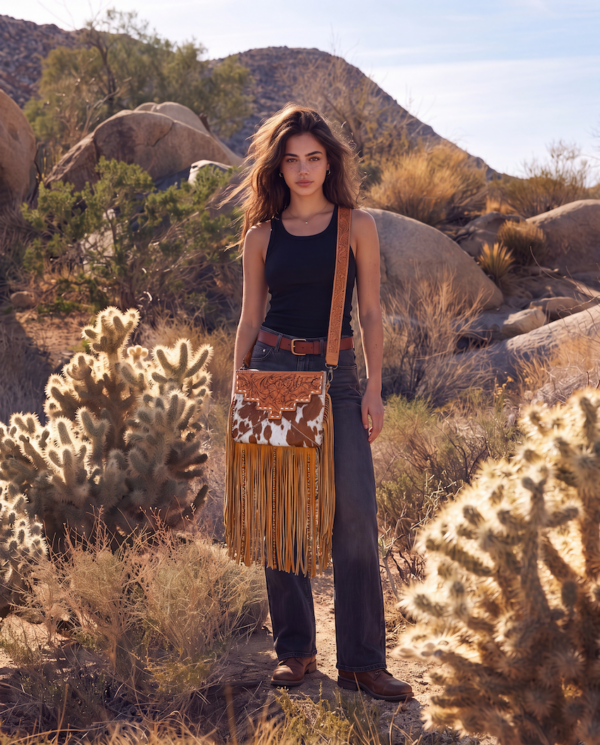 Machala Tan Cowhide Sling Bag with Fringes and Buckstitch