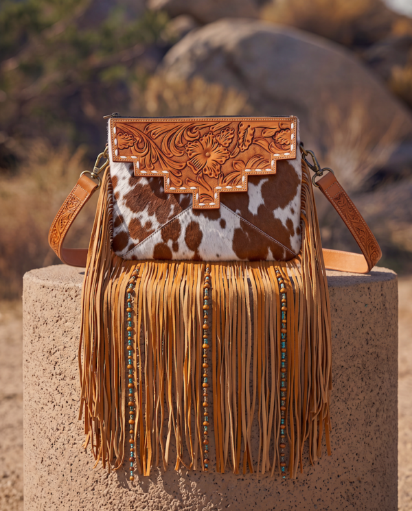 Machala Tan Cowhide Sling Bag with Fringes and Buckstitch