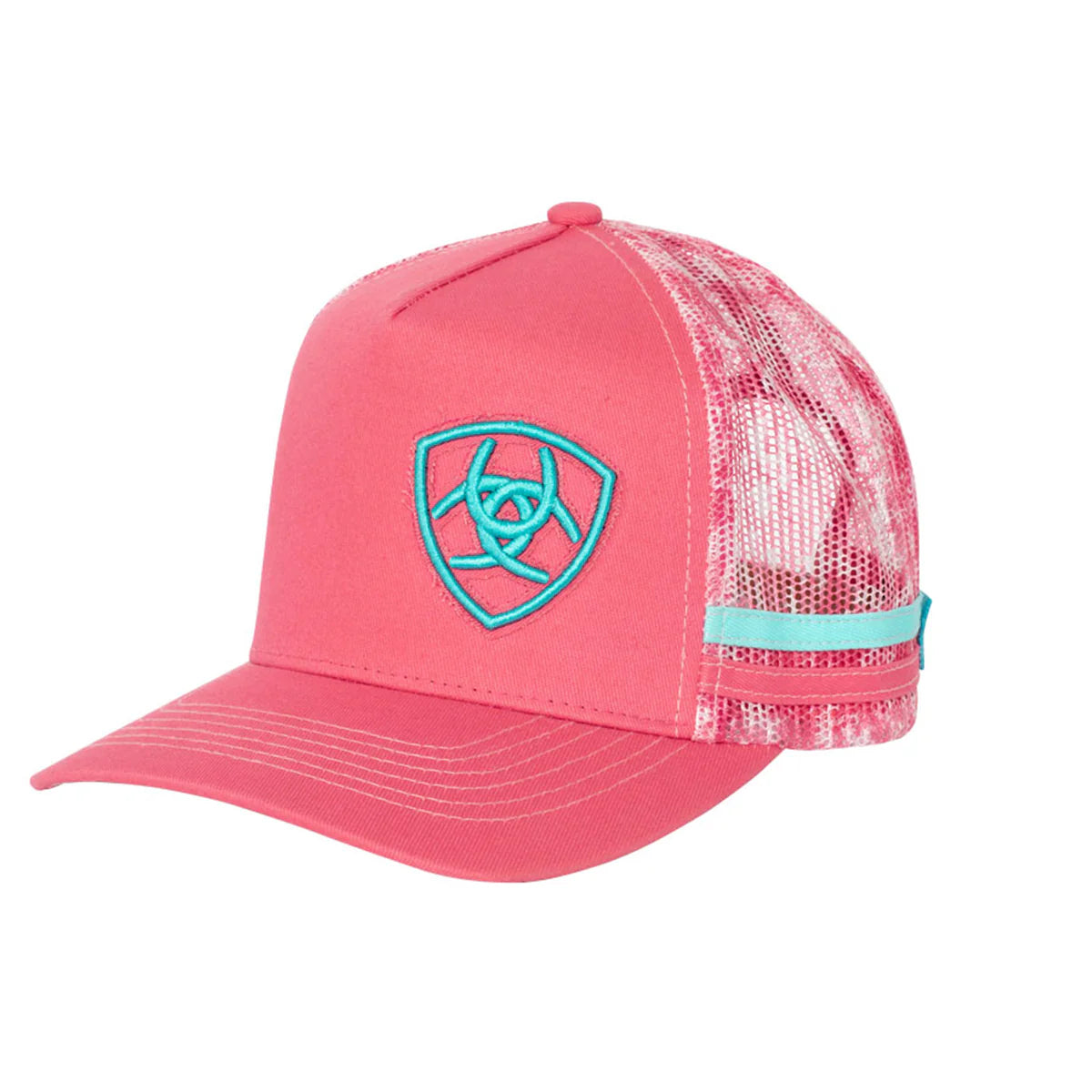 Pink cap with a turquoise logo on a white background