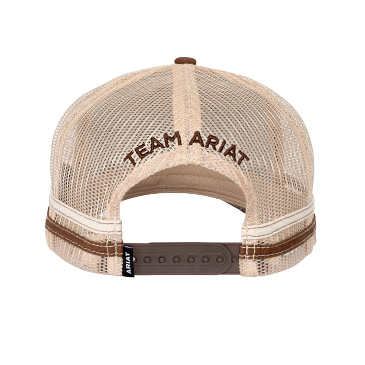 Ariat Est Patch Trucker Cap. Beige mesh cap with 'Team Ariat' text on a white background