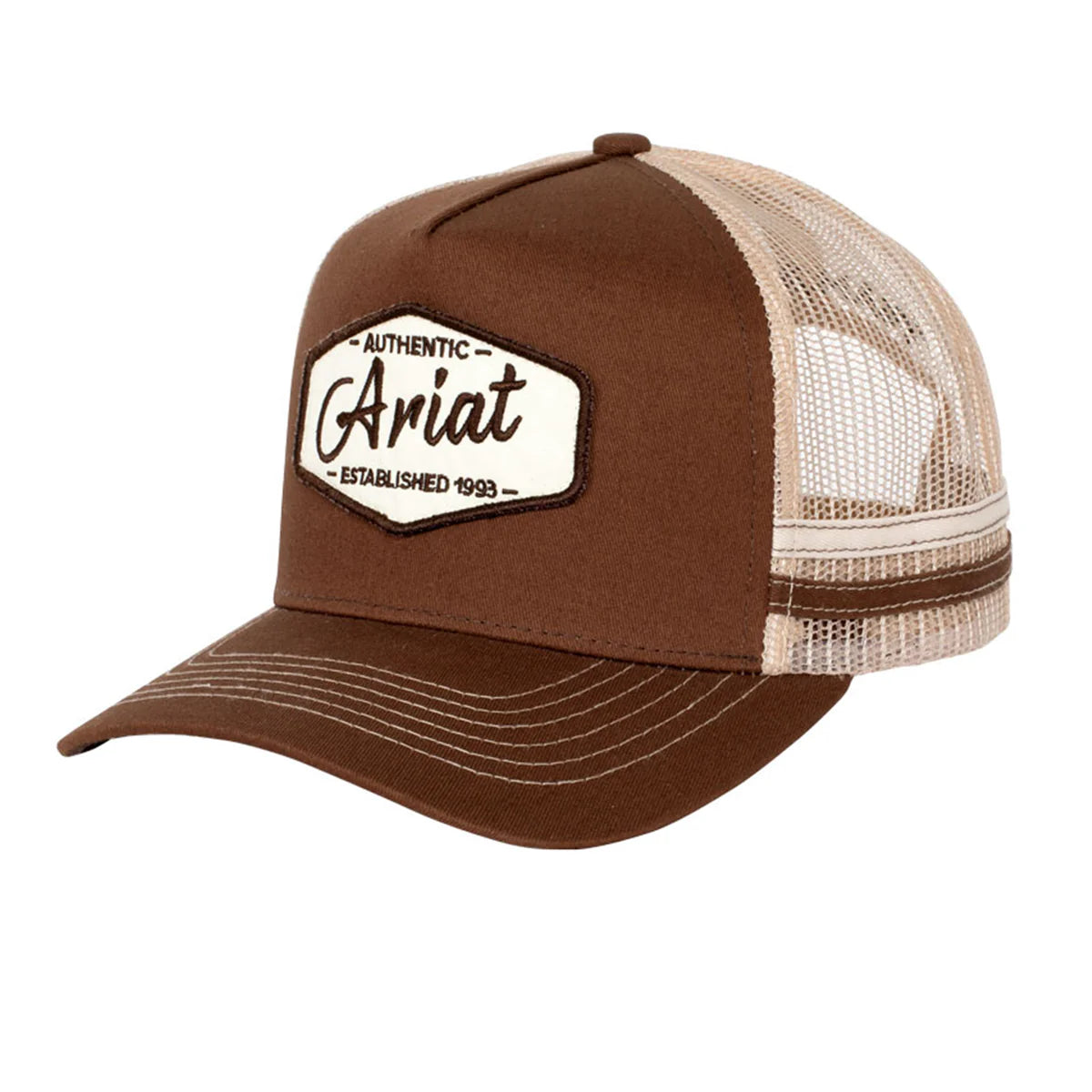 Ariat Est Patch Trucker Cap. Brown and beige trucker hat with Ariat logo on a white background